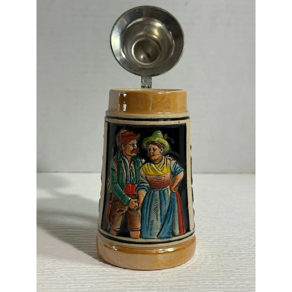 Vintage German Beer Stein Pewter Lid Cobalt Blue Relief Edelweiss Souvenir S0118